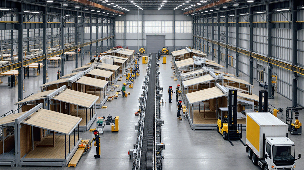 Technicians assembling modular home components with conveyor belts and forklifts moving finished walls