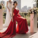Red wedding dress draped over minimalist chair with lush greenery and warm romantic light near blurred modern city backdrop