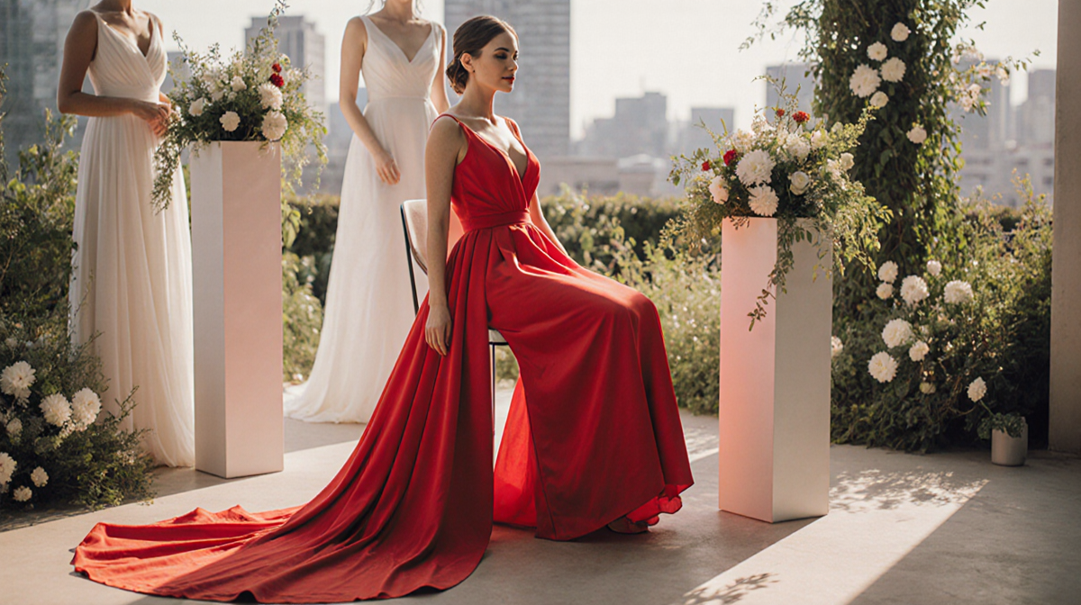 Red wedding dress draped over minimalist chair with lush greenery and warm romantic light near blurred modern city backdrop