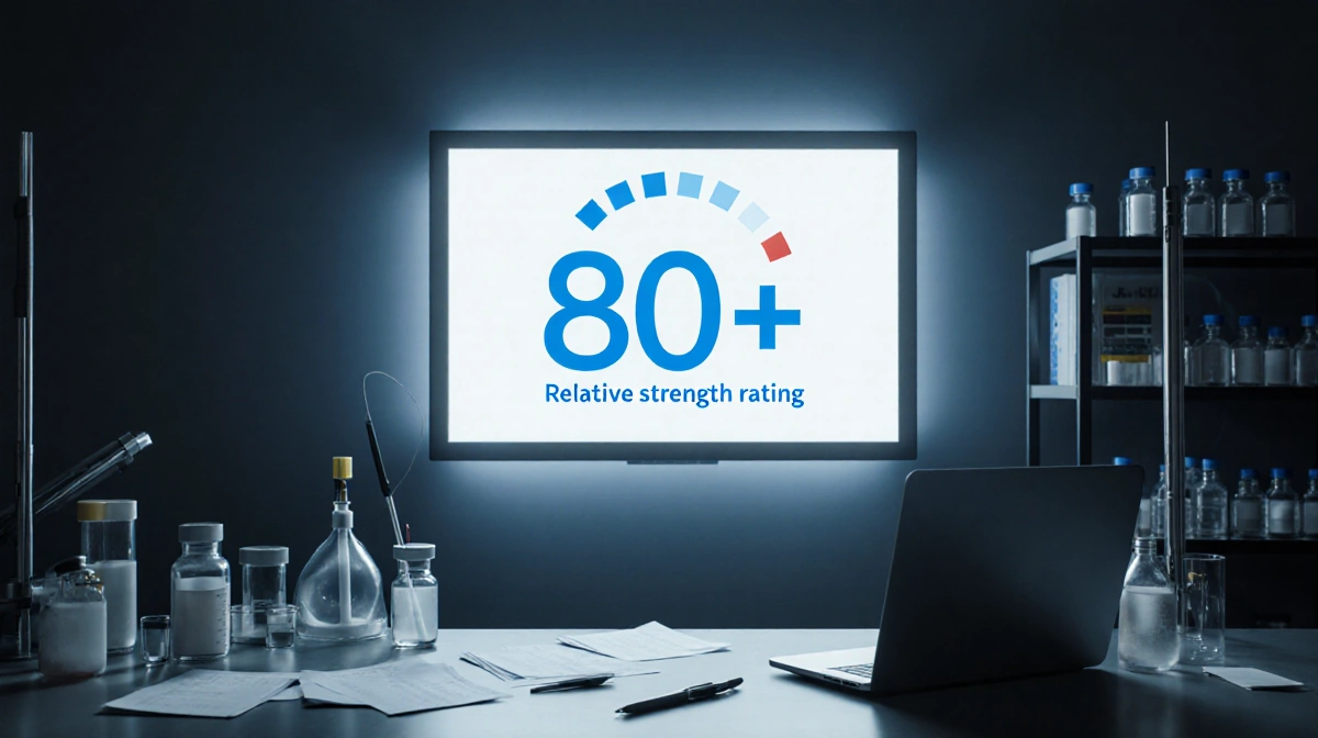 Moderna laboratory screen showing 80+ vaccine strength rating with laptop and papers on desk