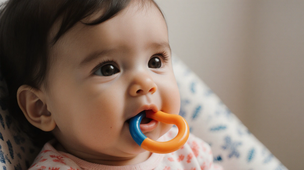 Mother holding natural wooden teether with baby smiling and eco-friendly alternatives on table