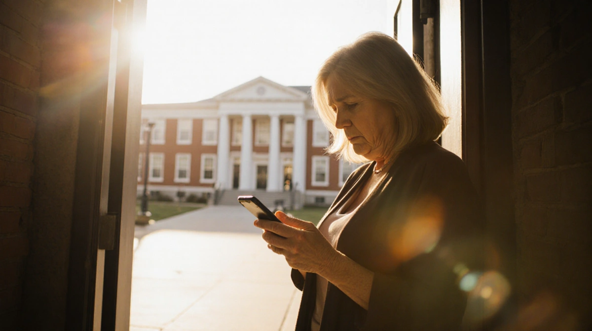 Woman stands on campus looking at phone with university building behind her and golden sunset light
