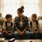 Mom and kids lounging on worn couch with vintage toys and family photos showing 90s nostalgia