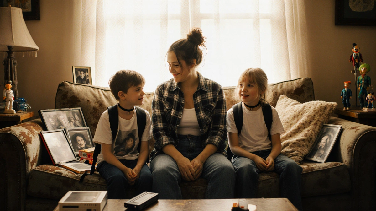 Mom and kids lounging on worn couch with vintage toys and family photos showing 90s nostalgia