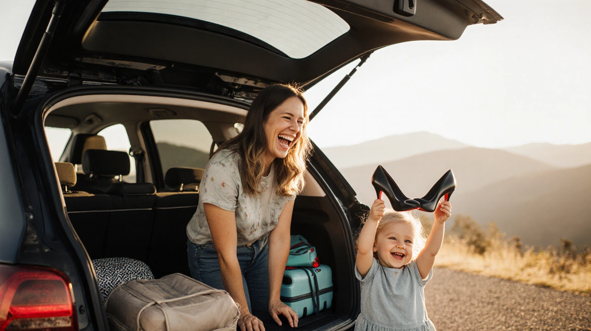 Mom laughing at car with toddler holding high heels and luggage packed for family road trip