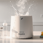 Momcozy KleanPal Pro sterilizer is steaming with baby bottles and pacifier beside it in a clean modern kitchen