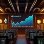 Monero price chart soaring on giant screen with traders monitoring crypto markets and mining rigs glowing golden