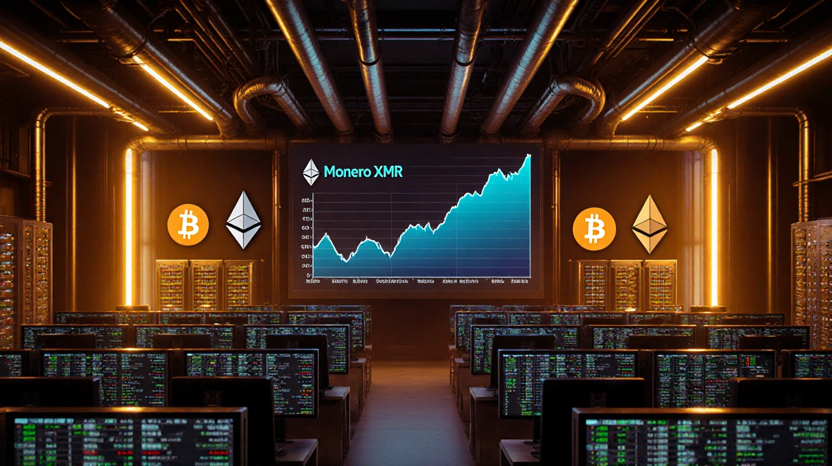 Monero price chart soaring on giant screen with traders monitoring crypto markets and mining rigs glowing golden