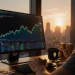 Trader watching Monero price surge on screen with coffee cup and crypto notes on desk