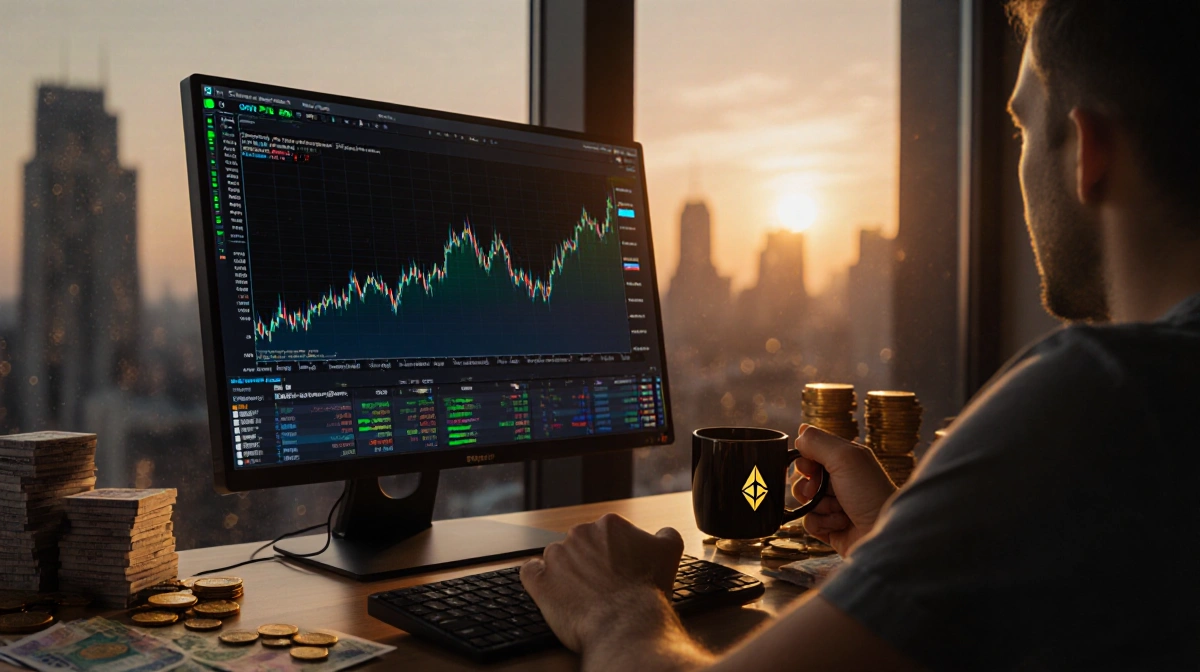 Trader watching Monero price surge on screen with coffee cup and crypto notes on desk