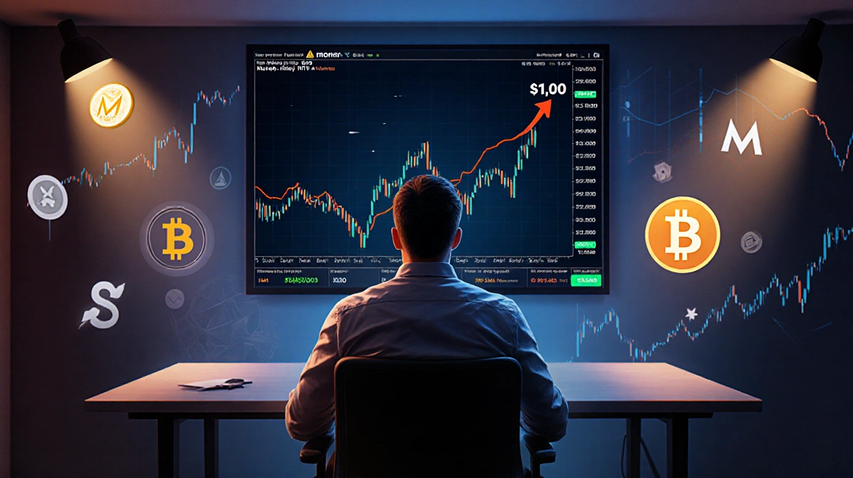 Trader watching Monero price chart surge to $1000 ATH with glowing screen showing XMR cryptocurrency gains