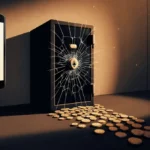 Cracked safe spilling cryptocurrency coins with Monero wallet glowing on phone and warm shadows across floor
