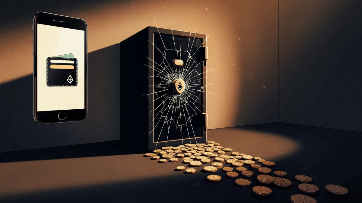 Cracked safe spilling cryptocurrency coins with Monero wallet glowing on phone and warm shadows across floor