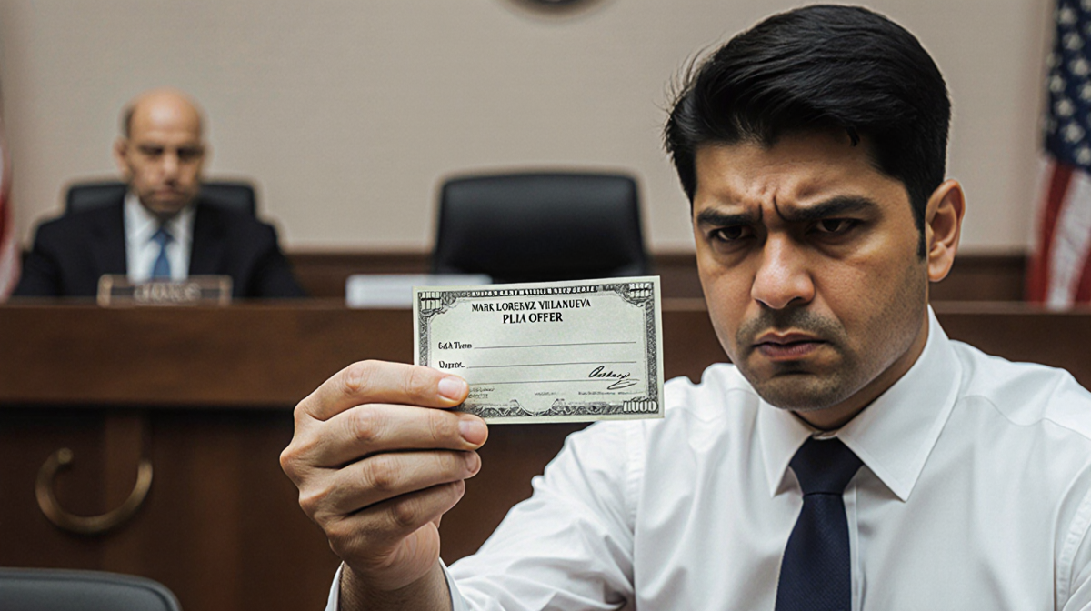Defendant holding a money order with a guilty face and a pen beside a signed agreement and courtroom in muted background.