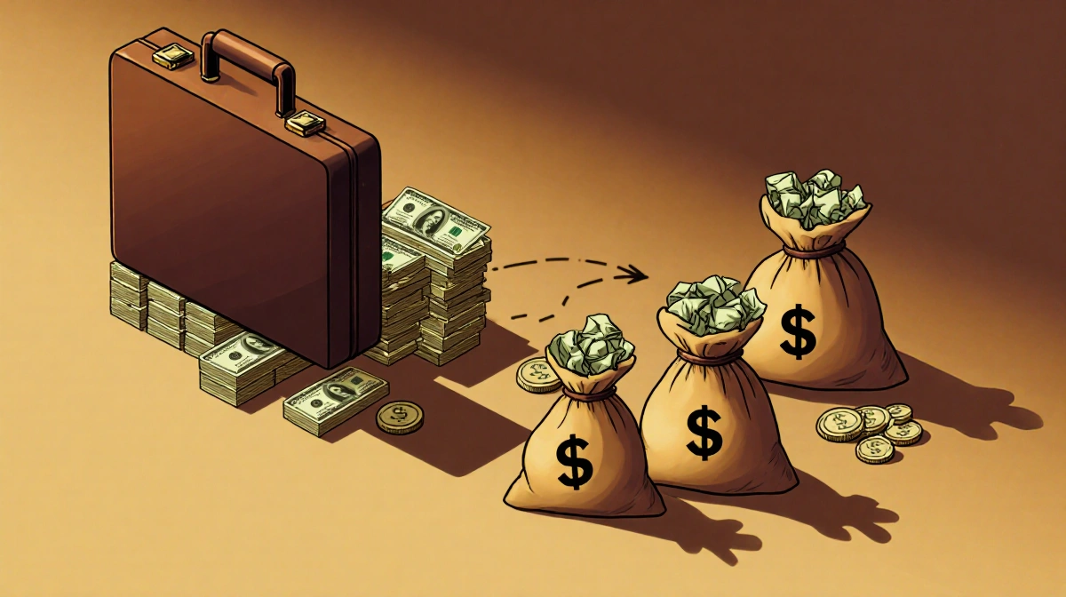 Money trail flows from large briefcase with millions to scattered cash bags showing bribery with gold and brown tones