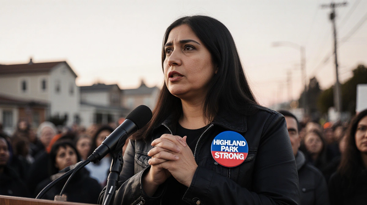 Monica Alcaraz speaks at podium with Highland Park Strong badge and determined expression addressing crowd
