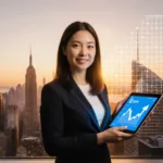 Monica Long holds tablet showing rising crypto chart with cityscape and golden light behind