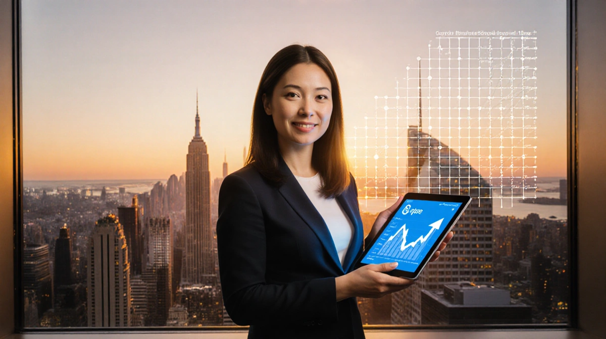 Monica Long holds tablet showing rising crypto chart with cityscape and golden light behind