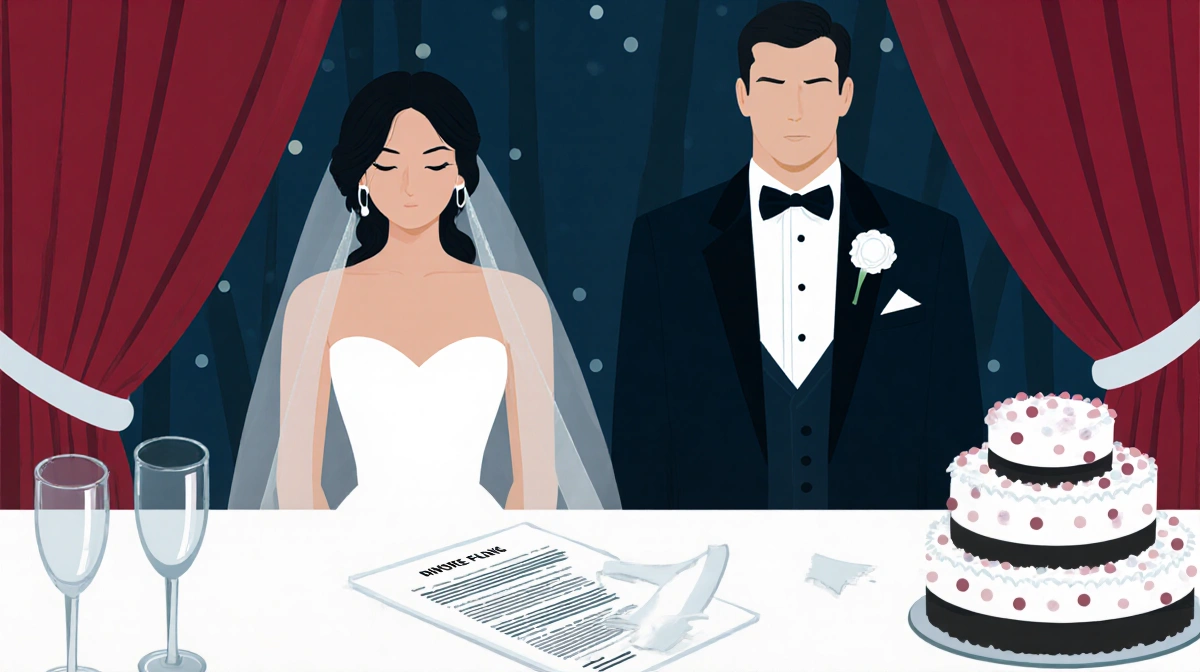 Bride and groom standing coldly at wedding table with divorce papers and shattered cake showing marriage breakdown