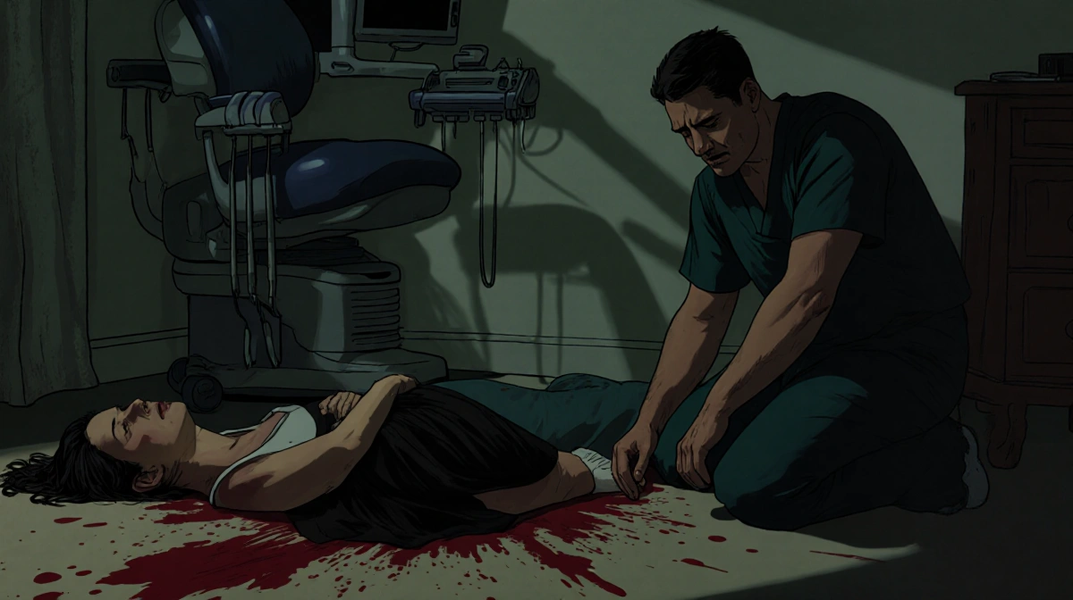 Woman lying motionless on floor with bloodstains while man in dental scrubs kneels beside her with dentist chair behind