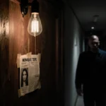 Dim corridor leads to wooden door with flickering bulb and police report showing Monique Tepe photo with shadowy figure behin