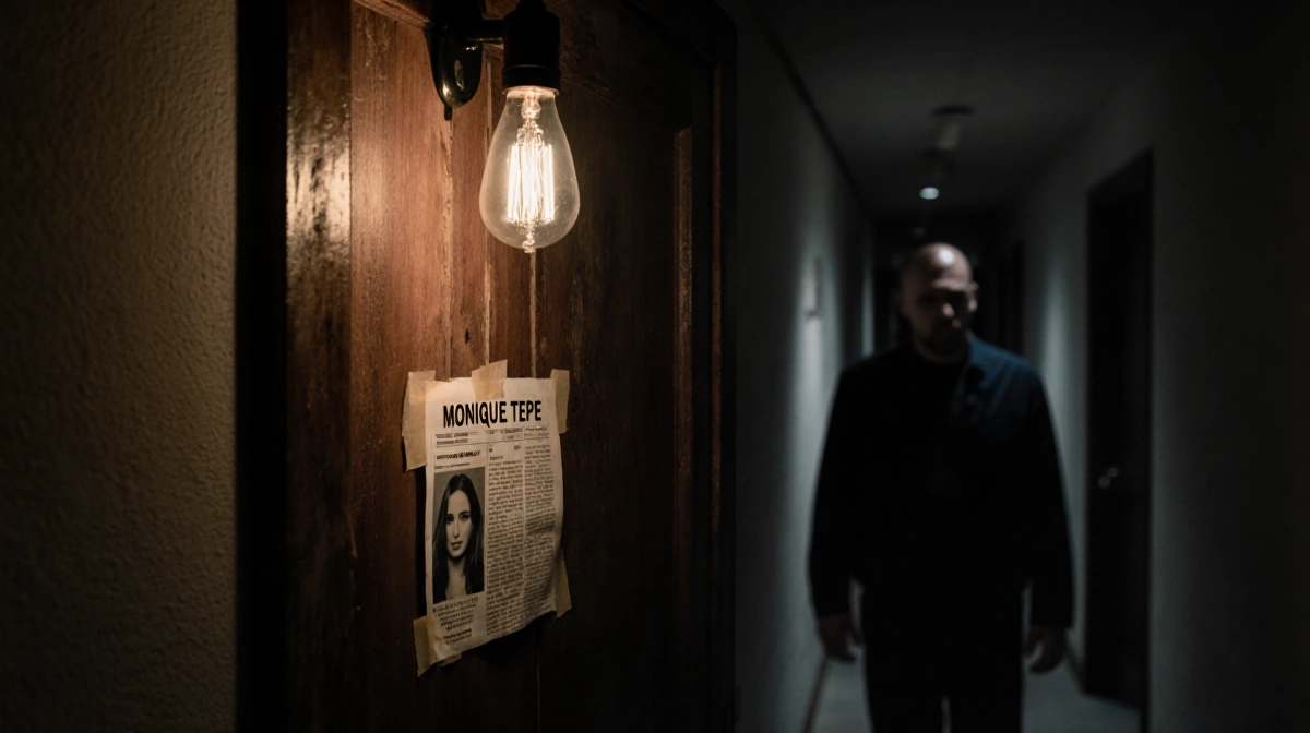 Dim corridor leads to wooden door with flickering bulb and police report showing Monique Tepe photo with shadowy figure behin