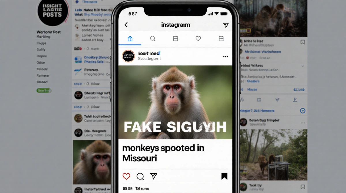 Smartphone screen shows blurry monkey photo with fake Missouri sighting text and distorted social media feed