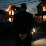 Paul Caneiro standing with handcuffs behind his back near a black SUV and police lights on an on‑fire Monmouth street