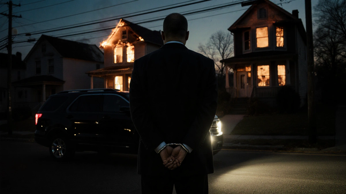 Paul Caneiro standing with handcuffs behind his back near a black SUV and police lights on an on‑fire Monmouth street