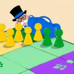 Colorful game board with Monopoly pieces arranged in playful patterns and Mr Monopoly