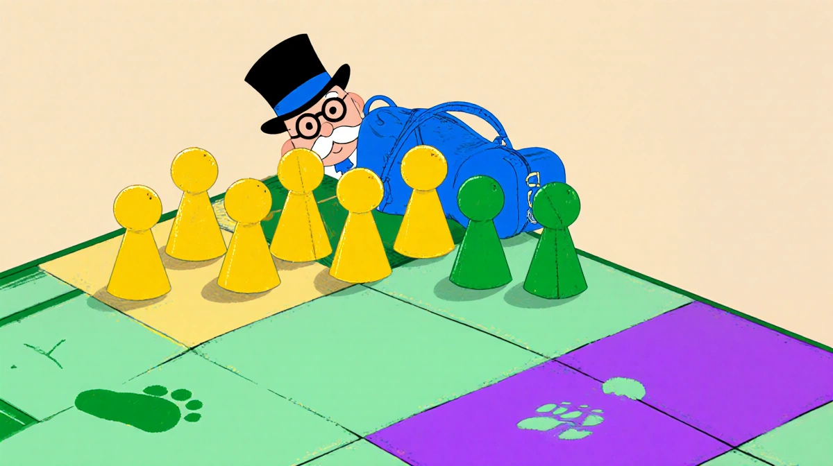 Colorful game board with Monopoly pieces arranged in playful patterns and Mr Monopoly