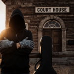 Figure standing in front of rustic courthouse with denim gloves and a leaning guitar case behind