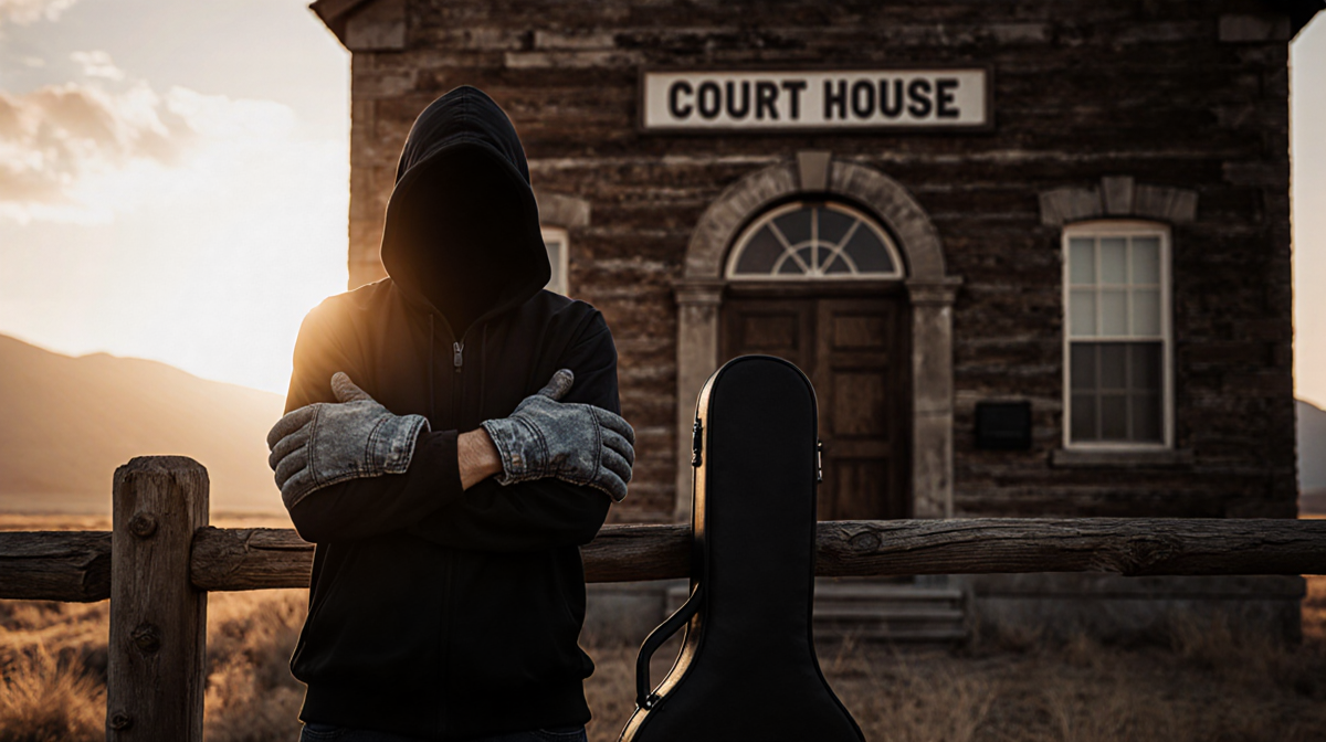 Figure standing in front of rustic courthouse with denim gloves and a leaning guitar case behind