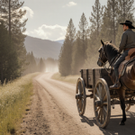 Jamie Dutton standing by a horse-drawn wagon with dusty Montana wilderness and pine trees