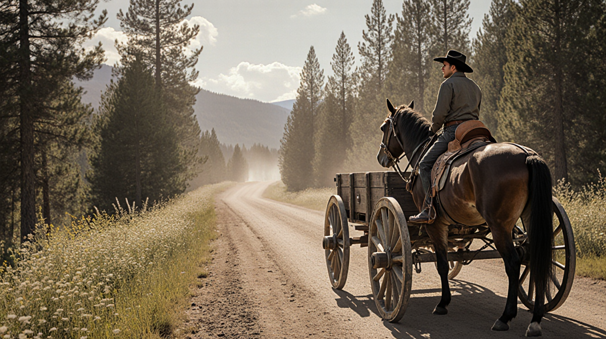 Jamie Dutton standing by a horse-drawn wagon with dusty Montana wilderness and pine trees