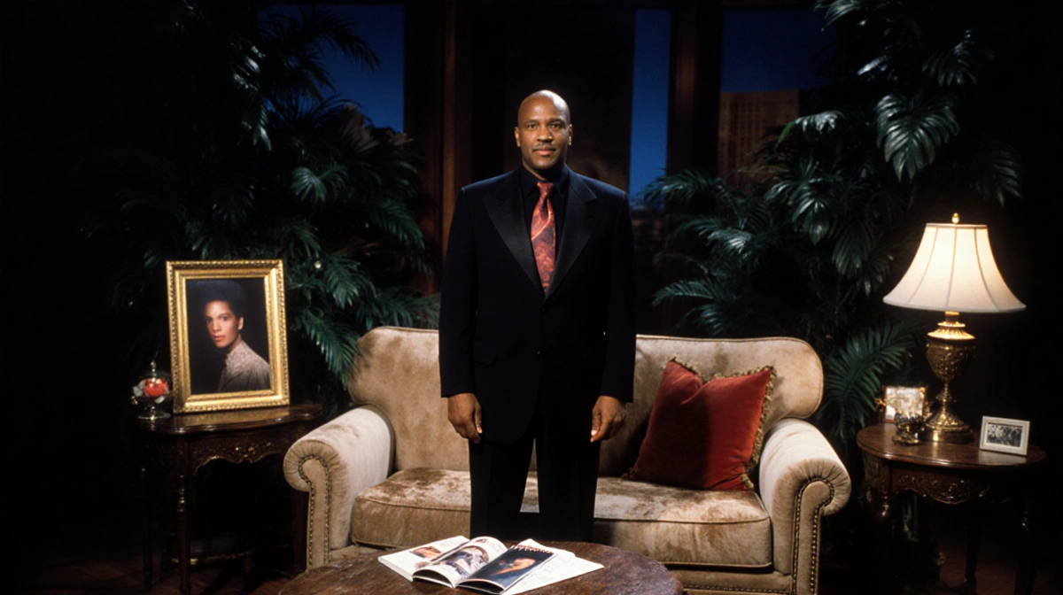 Montel Williams stands before worn beige couch with lush greenery and provocative magazine visible on table