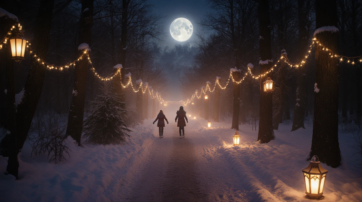 Skaters strolling along moonlit forest trail with glowing lanterns and twinkling lights on snow-covered path