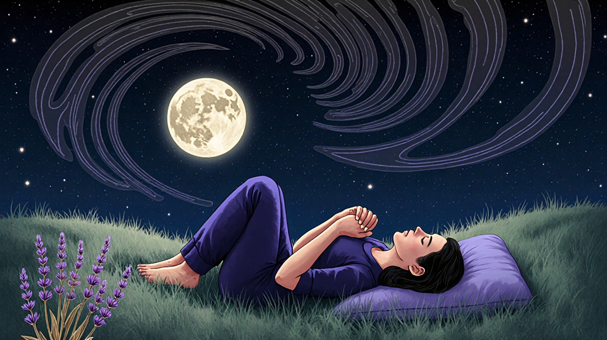 Person lying on soft grass in moonlit night with lavender sprigs and swirling calm patterns