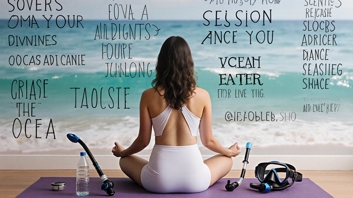 Morales sits cross-legged on yoga mat with scuba gear and ocean backdrop showing transition from dance to freediving