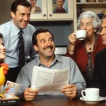 Robin Williams holding rubber chicken and grinning with Pam Dawber and Mork Mindy cast members in warm nostalgic group portra