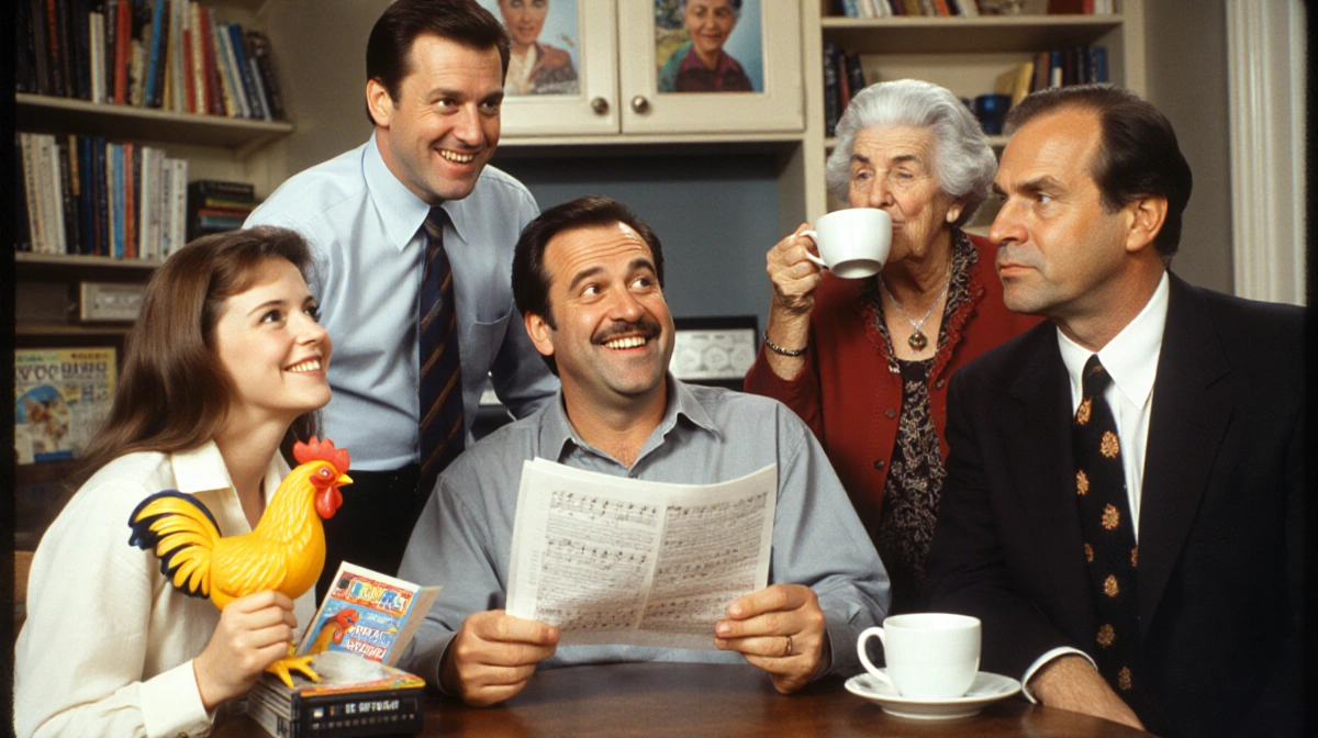 Robin Williams holding rubber chicken and grinning with Pam Dawber and Mork Mindy cast members in warm nostalgic group portra