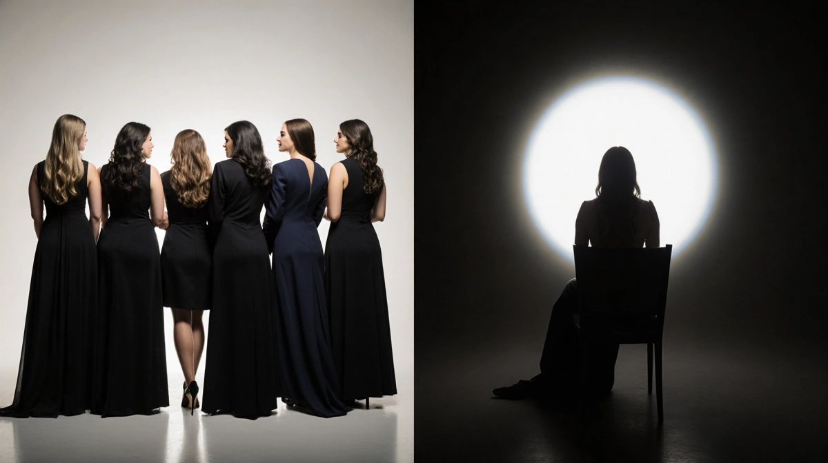 Eight women stand together with faces turned away and empty chair glowing with light showing absence