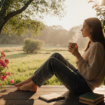 Person sipping coffee on a cozy porch with lush greenery and soft sunlight