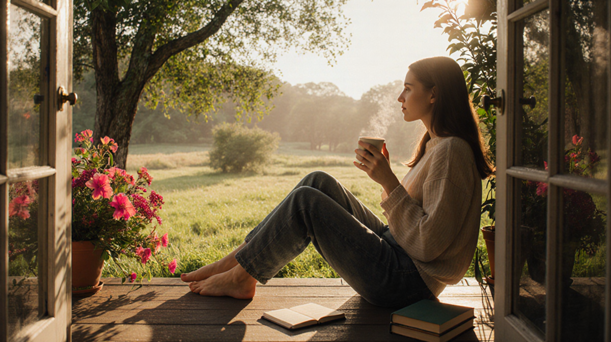 Person sipping coffee on a cozy porch with lush greenery and soft sunlight