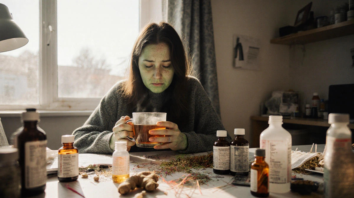 Lauren sits exhausted holding a cup of ginger tea with herbal remedies and medication bottles around her indicating pregnancy