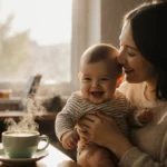 Mother cradling smiling baby with steamy matcha latte and toys on wooden table near sunny window