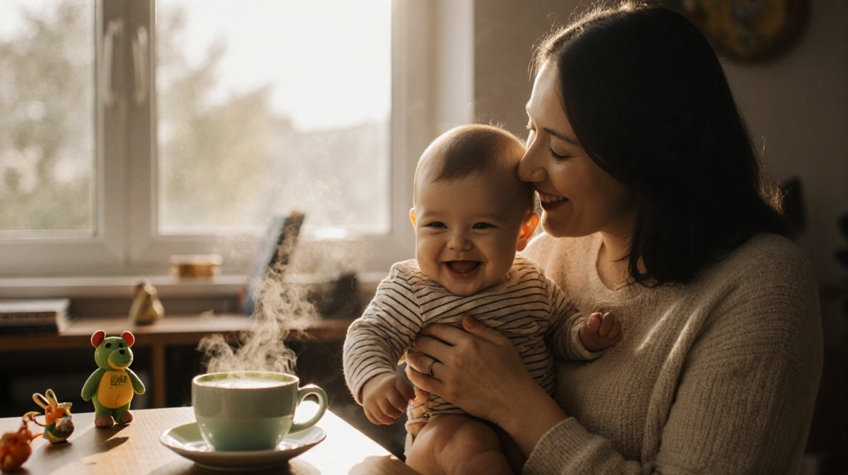 Mother cradling smiling baby with steamy matcha latte and toys on wooden table near sunny window