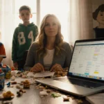 Ali Larter studying at desk with laptop and coffee surrounded by books and notes.