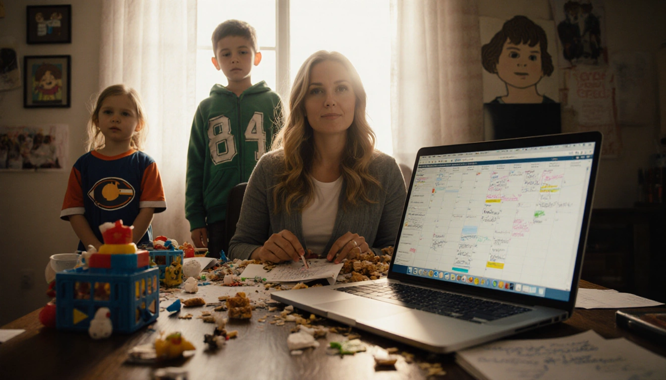 Ali Larter studying at desk with laptop and coffee surrounded by books and notes.