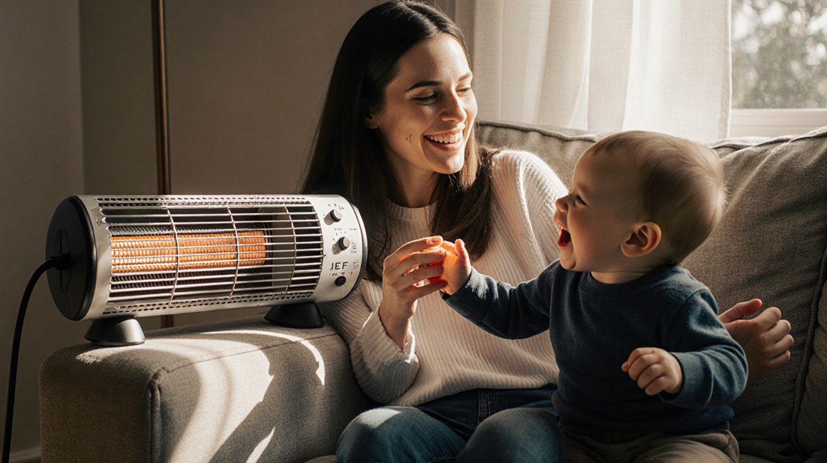 Laney Morello smiles while sitting on couch with Elio playing near a space heater cord wrapped over the corner warm light fam